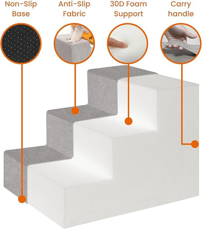 MEWANG Dog Stairs for Small &amp; Medium Dogs and Old Cats –3/4/ 5 Steps High-Density Foam Pet Ramp for Bed &amp; Couch, Non-Slip, Washable Cover, Grey (Square Corner, 5 Steps: 29.92&