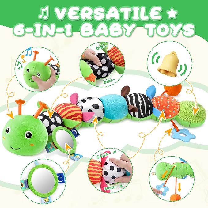 Baby Toys 0-6-12 Months,Musical Caterpillar Stuffed Animals Activity Infant Toys with Crinkle,Rattles,Mirror&amp;Pull String,Muti-Sensory Toys Gifts for Newborn Tummy Time,Kelly Green|Leafy