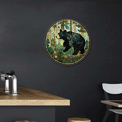 Lygond Metal Sign Tin Sign Circular Stained Glass American Black Bear Funny Bathroom Wall Decor for Restaurant 12×12 Inches