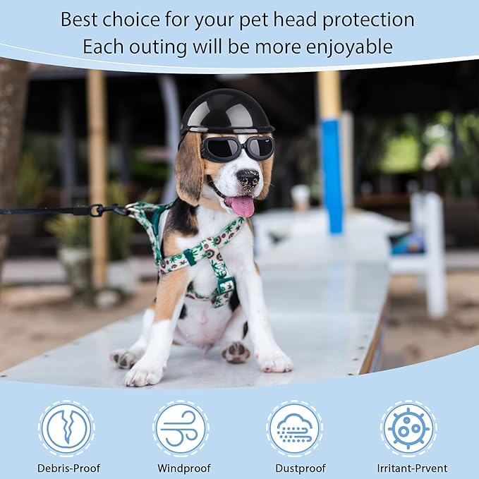 Frienda Dog Helmet and Goggles, UV Protection Doggy Sunglasses and 4 Inch Padded Puppy Motorcycle Helmet Adorable Dog Goggles with Adjustable Belt for Small Dogs Puppy Riding(Black,S)