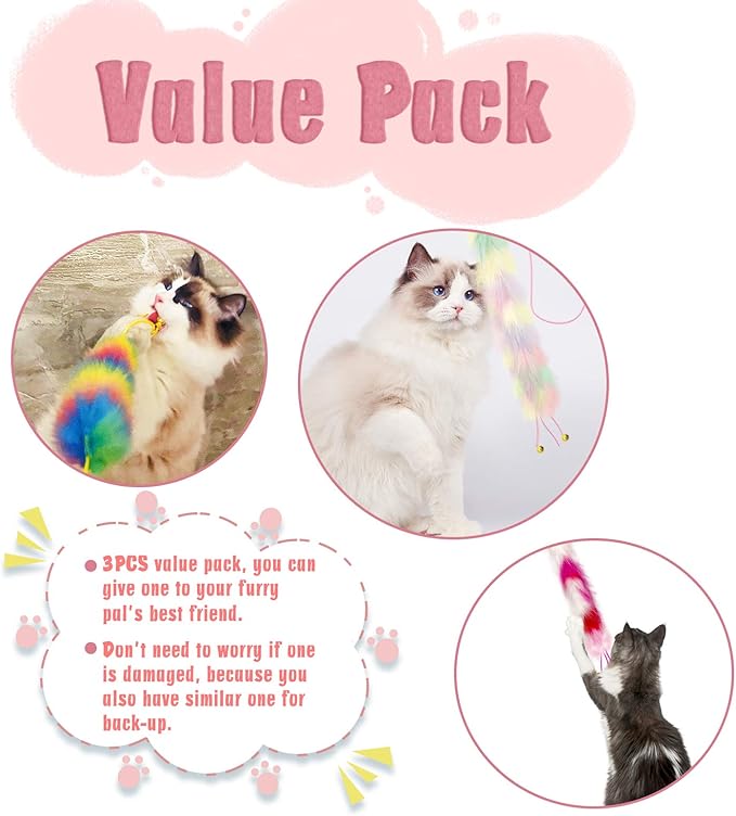 3 Pack Cat Wand Toy, Rainbow Cat Feather Toys with Bells, Teaser Wand with Soft Furry Tail, Interactive Toys for Indoor Cats &amp; Kitten &amp; Kitty