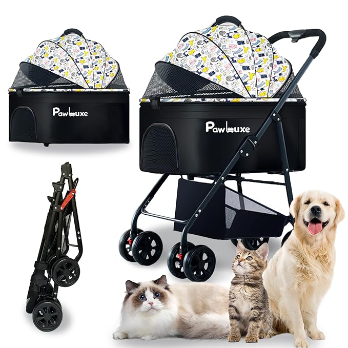 4 Wheels Pet Stroller 4 in 1 Pet Stroller with Detachable Carrier for Small &amp; Medium Dogs Cats up to 55 lbs Easy-Folding Travel Dog Wagon with Car Seat Breathable Mesh,White Cartoon