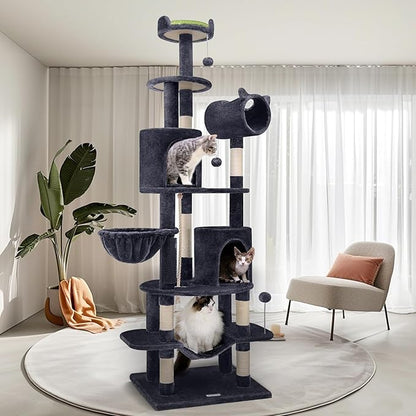 Globlazer Artistic Curved Cat Tower for Small Cats (Under 12 lbs), 81-inch Slim Design Cat Tree with Space-Saving Design, Indoor Cat Condo with Hammock &amp; Tunnel, C81, Dark Gray, Non-Large Cats