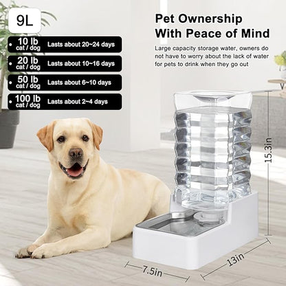 Automatic Pet Water Dispenser: 9L Gravity-Fed Stainless Steel Bowl - BPA-Free Large Capacity White Feeder for Dogs &amp; Cats - Indoor/Outdoor Use