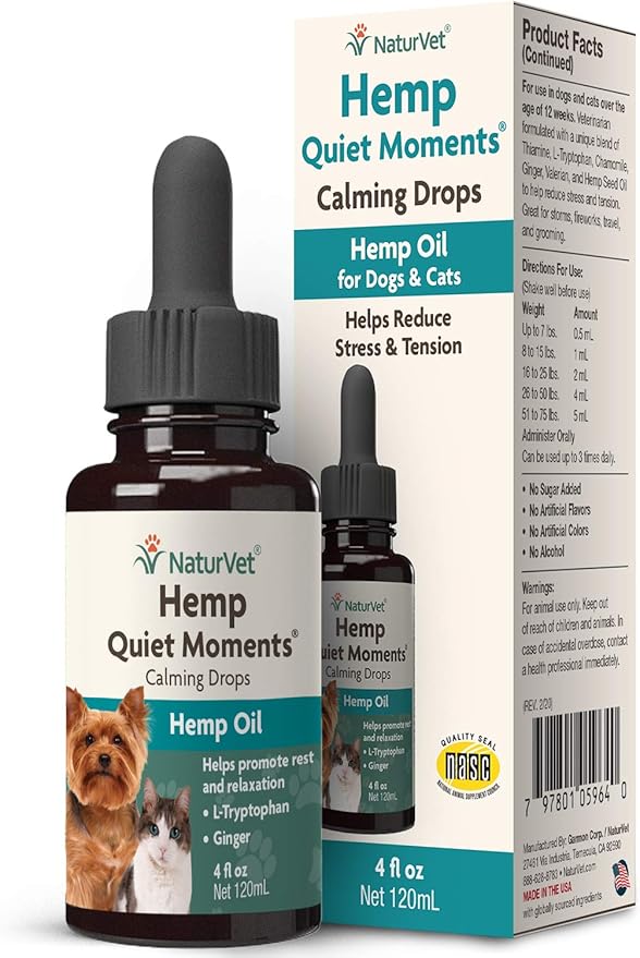 NaturVet – Hemp Quiet Moments Calming Drops - 4 oz – Enhanced with Hemp Seed Oil, L-Tryptophan &amp; Ginger – Helps Reduce Stress &amp; Promote Relaxation – for Dogs &amp; Cats