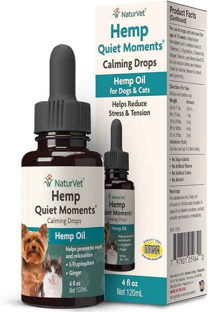 NaturVet – Hemp Quiet Moments Calming Drops - 4 oz – Enhanced with Hemp Seed Oil, L-Tryptophan &amp; Ginger – Helps Reduce Stress &amp; Promote Relaxation – for Dogs &amp; Cats