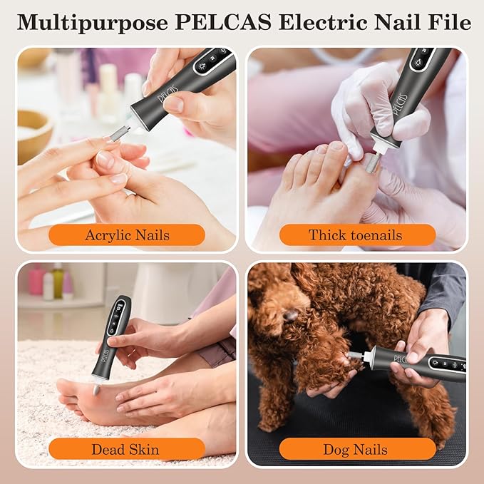 PELCAS Electric Nail Drills, Professional Cordless Nail File Kit with Light, 10 Speeds Manicure &amp; Pedicure Kit for Human, Pet, Thick Toenails, Natural &amp; Acrylic Nails Grey
