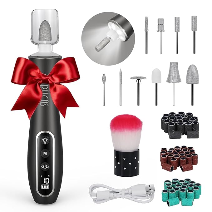 PELCAS Electric Nail Drills, Professional Cordless Nail File Kit with Light, 10 Speeds Manicure &amp; Pedicure Kit for Human, Pet, Thick Toenails, Natural &amp; Acrylic Nails Grey