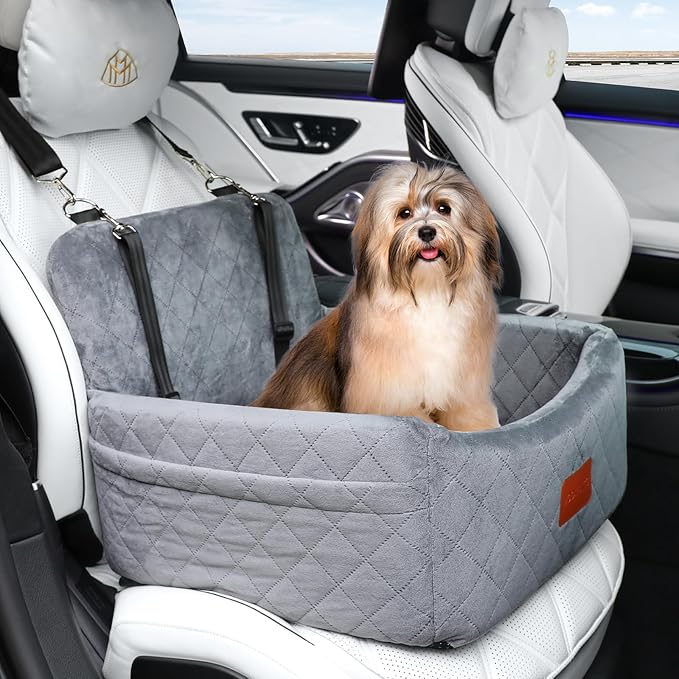 Dog Car Seat for Small Dogs Under 30lbs,Comfy &amp; Safe Travel Bed with Washable Cover,2 Clip-On Safety Leashes and Pockets,Anti-Slip Base,Easy to Install(Grey)