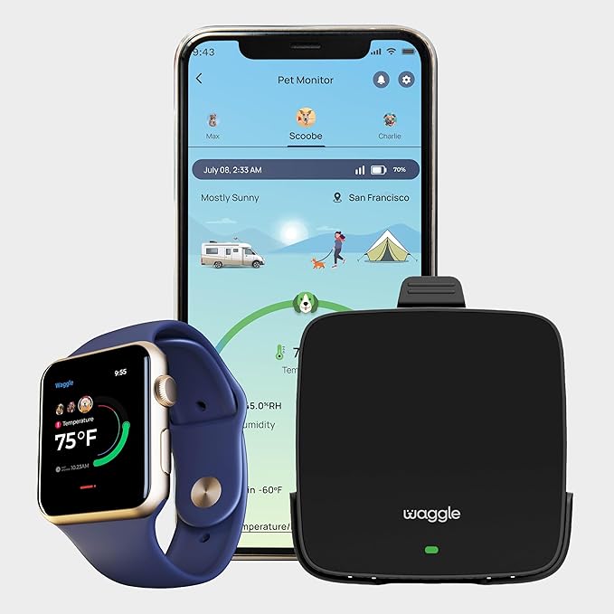 Waggle Dog Temperature Monitor &amp; Pet Camera Bundle for RVs - Portable WiFi Cam (128GB) with Motion Alert &amp; Remote Access | Watch Pets While Travelling