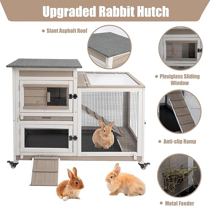 Rabbit Hutch Indoor 40" L Large 2 Story Outdoor Wooden Bunny Hutch with Run, 4 Metal Wheels &amp; 2 Deeper Trays, UV-Proof Panel Rabbit Cage Guinea Pig Pet House for Small-Medium Animals