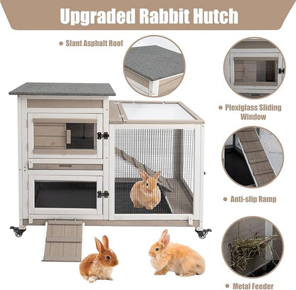 Rabbit Hutch Indoor 40" L Large 2 Story Outdoor Wooden Bunny Hutch with Run, 4 Metal Wheels &amp; 2 Deeper Trays, UV-Proof Panel Rabbit Cage Guinea Pig Pet House for Small-Medium Animals