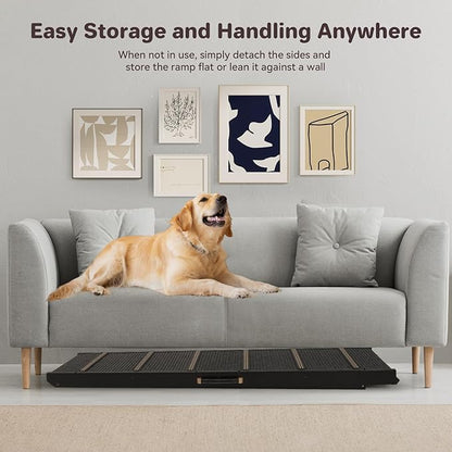 Pet Ramp Folding Portable Wooden Dog &amp; Cat Ramps for Couch or Bed, Including Non Slip Mat &amp; Safety Side Rails, 64.2 Inch Long and Height Adjustable from 13.4 Inch to 38 Inch Up to 110 Lbs
