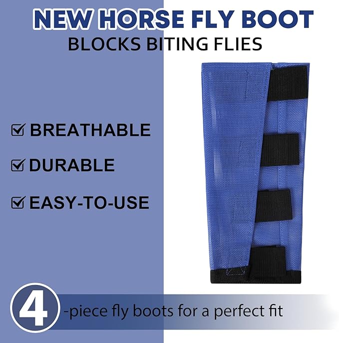 Premium 4-Pack Horse Fly Boots &amp; Leggings Loose-Fit Fine Mesh with Stay-On Fasteners, Support Strips &amp; Anti-Stomp Design Breathable Non-Slip Protection Leg Wrap (Large) Royal Blue