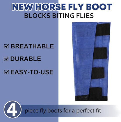 Premium 4-Pack Horse Fly Boots &amp; Leggings Loose-Fit Fine Mesh with Stay-On Fasteners, Support Strips &amp; Anti-Stomp Design Breathable Non-Slip Protection Leg Wrap (Large) Royal Blue