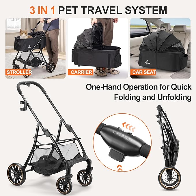 Pet Stroller for Small/Medium Dogs &amp; Cats up to 55 lbs, Upgraded 4 Wheels Dog Stroller for Large Dogs, 3-in-1 Foldable Portable Travel Carrier for 2 Cats with Storage Basket and Cupholder