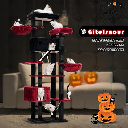 Gothic Cat Tree for Large Cats, 78.7"(200cm) Tall Cat Tower for Indoor Cats Multiple Cats with Large Top Perch, Cat Condo, Cat Hammcok, Cat Scratching Post, Black and Red GCT031BR