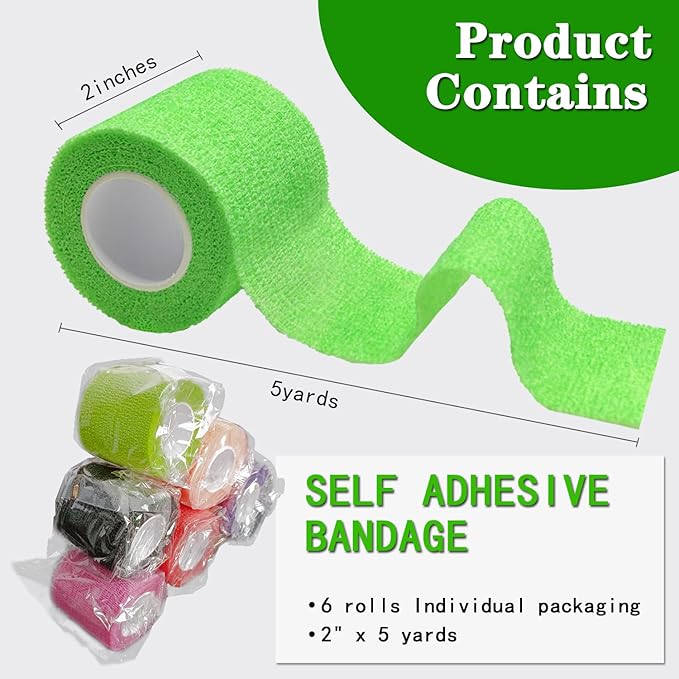 Self Adhesive Tape Wrap- 6 Rolls,Non-Woven Self Adherent Vet Wrap Tape,2in x 5Yard | Cohesive Bandage Tape for Wrist &amp; Ankle,Elastic Grip Cover (6Colors-6ROLLS)