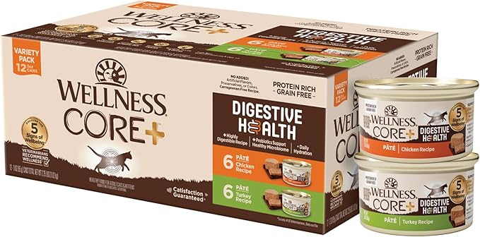 Wellness CORE+ Digestive Health Pate Adult Wet Cat Food, Natural, Protein-Rich, Grain Free, 3 Ounce, 12 Pack (Chicken &amp; Turkey Variety Pack)