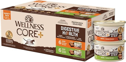 Wellness CORE+ Digestive Health Pate Adult Wet Cat Food, Natural, Protein-Rich, Grain Free, 3 Ounce, 12 Pack (Chicken &amp; Turkey Variety Pack)