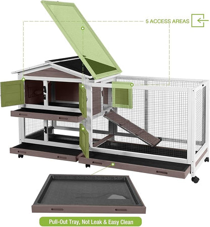 Outdoor Rabbit Hutch Indoor Bunny on Wheels Large Guinea Pig Cage with Run for Any Small Animals,Removable Pull Out Tray White