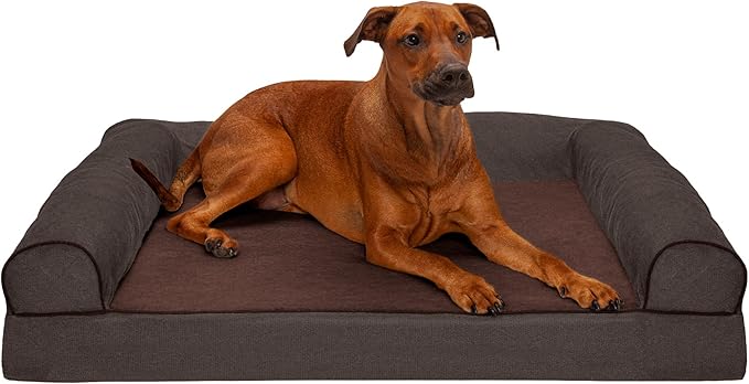 Furhaven Orthopedic Dog Bed for Large Dogs w/ Removable Bolsters &amp; Washable Cover, For Dogs Up to 95 lbs - Sherpa &amp; Chenille Sofa - Coffee, Jumbo/XL