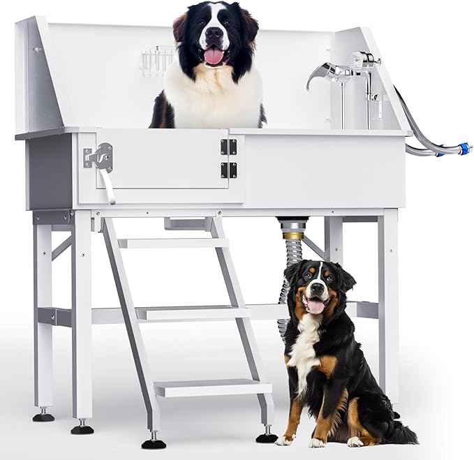 38" Dog Washing Station, Professional Stainless Steel Dog Bathing Station Dog Bathtub for Large &amp; Medium Dog, Height Adjustable Dog Grooming Tub with Storage Basket, Movable Stair (Left Stair)