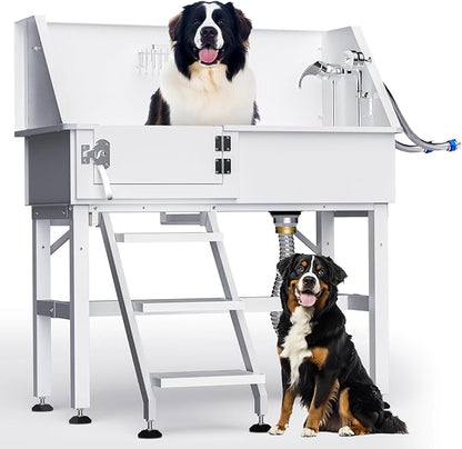 38" Dog Washing Station, Professional Stainless Steel Dog Bathing Station Dog Bathtub for Large &amp; Medium Dog, Height Adjustable Dog Grooming Tub with Storage Basket, Movable Stair (Left Stair)