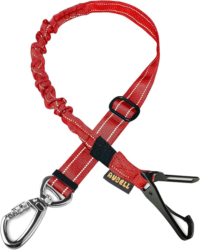 AUBELL Dog Seat Belt for Car,Updated 3-in-1 Adjustable Reflective Bungee Heavy Duty Dog Car Harness Tether with Clip Hook Latch &amp; Buckle,Swivel Zinc Alloy Carabiner,Red