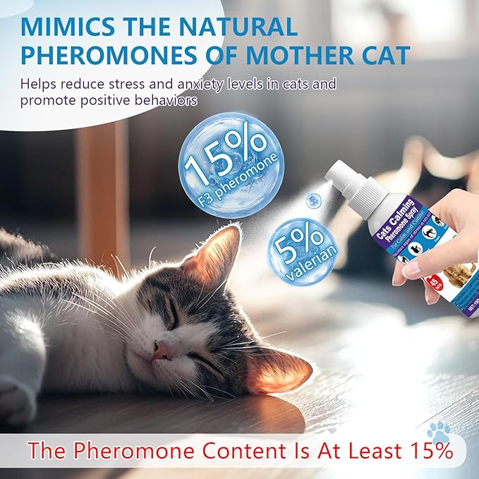 【𝐇𝐢𝐠𝐡𝐥𝐲 𝐄𝐟𝐟𝐞𝐜𝐭𝐢𝐯𝐞】Cat Calming Pheromone Spray for Stress &amp; Anxiety Relief – Reduces Scratching, Urine Spraying, Hiding – Drug-Free &amp; Vet Recommended – with F3 Facial Pheromone 6.76oz