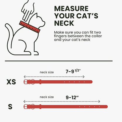 BRONZEDOG Leather Cat Collar with Removable Bells Non Breakaway Kitten QR Tag for Girl Boy (7" - 9" for Cats, Red &amp; Silver)