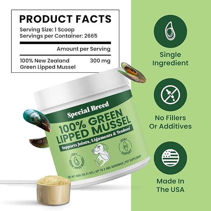 Green Lipped Mussel Powder for Dogs &amp; Cats - 100% New Zealand Green Lipped Mussels - Natural Hip &amp; Joint Supplement for Joints, Tendons, Ligaments, Muscles - 800 Grams - Up to 2,665 Servings