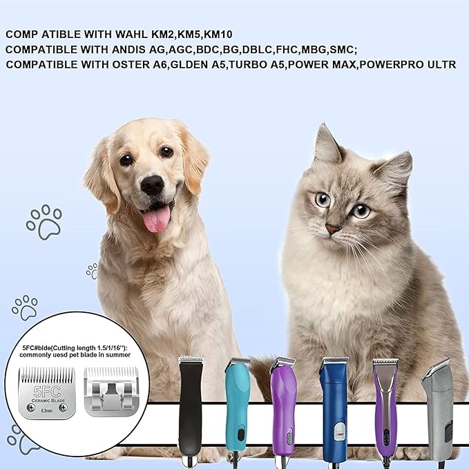 2PC 5FC Blade Dog Grooming Clipper Replacement Blades Compatible with Andis Dog Clippers,Detachable Ceramic Blade &amp; Stainless Steel Blade,Size-5 FC 1/4-Inch Cut Length (64122)