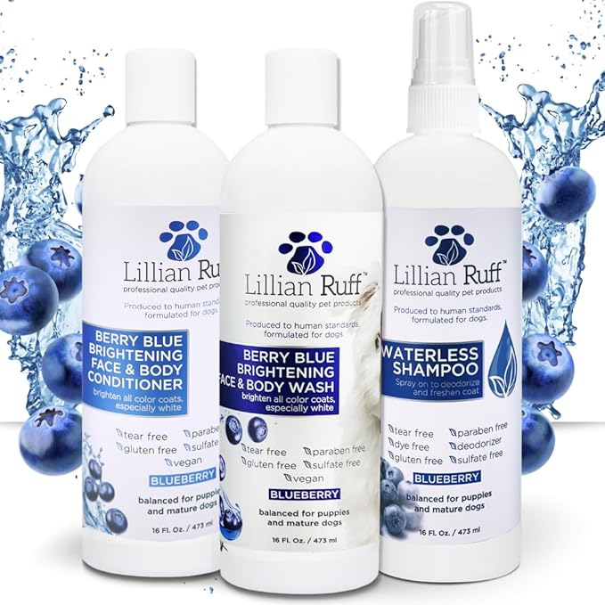 Lillian Ruff PRO Formula Berry Blue Brilliance Bundle - Ultimate Tear Stain &amp; Odor Eliminator Set, Includes Berry Blue Shampoo, Conditioner &amp; Waterless Shampoo, Hydrate, Soften &amp; Detangle, USA Made