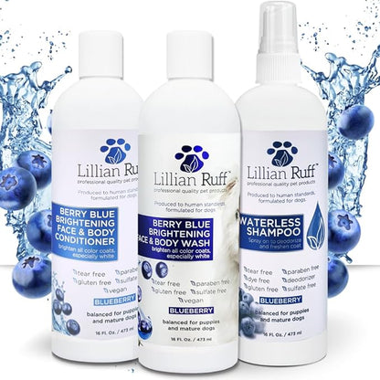 Lillian Ruff PRO Formula Berry Blue Brilliance Bundle - Ultimate Tear Stain &amp; Odor Eliminator Set, Includes Berry Blue Shampoo, Conditioner &amp; Waterless Shampoo, Hydrate, Soften &amp; Detangle, USA Made