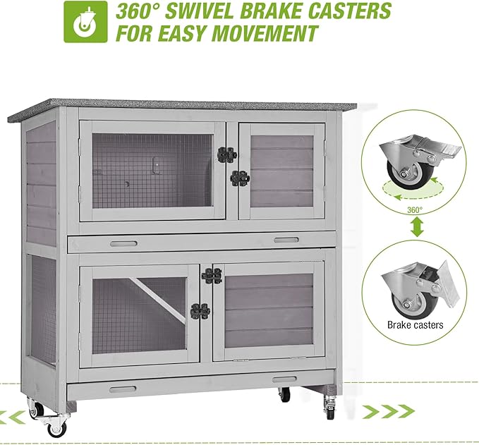 Gutinneen 2-Story Rabbit Hutch with Chew-Proof Ramp, 36" Indoor/Outdoor Rabbit Cage with 4 Casters &amp; 2 Pull-Out Trays, Wooden Bunny Hutch Leakproof Small Animal Cage for Rabbits, Guinea Pigs