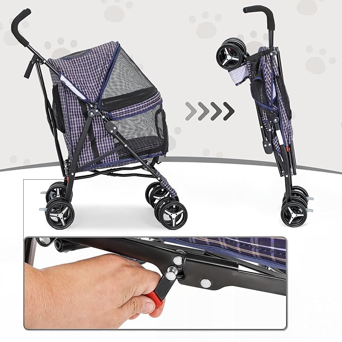 MoNiBloom 4 Wheels Pet Stroller, Easy-Fold Umbrella Shaped Dog Cat Jogger Stroller w/Storage Bag &amp; Visible Mesh for Small/Medium Dogs Cats Plaid