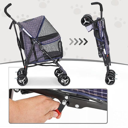 MoNiBloom 4 Wheels Pet Stroller, Easy-Fold Umbrella Shaped Dog Cat Jogger Stroller w/Storage Bag &amp; Visible Mesh for Small/Medium Dogs Cats Plaid
