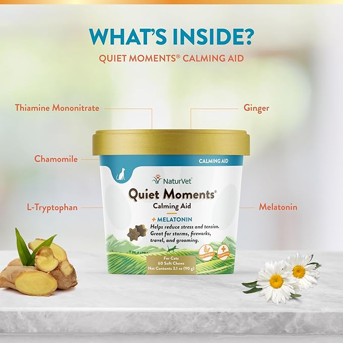 NaturVet –Quiet Moments Calming Aid for Cats Plus Melatonin – 60 Soft Chews – Helps Reduce Stress &amp; Promote Relaxation – Great for Storms, Fireworks, Travel &amp; Grooming