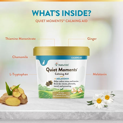NaturVet –Quiet Moments Calming Aid for Cats Plus Melatonin – 60 Soft Chews – Helps Reduce Stress &amp; Promote Relaxation – Great for Storms, Fireworks, Travel &amp; Grooming
