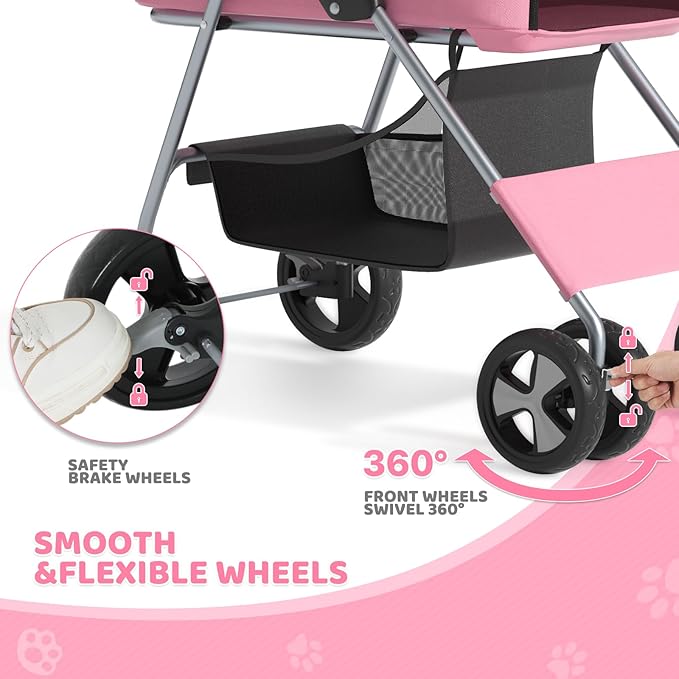 Magshion Foldable Pet Stroller, 3-in-1 Dog Travel Jogger with Detachable Carrier, Cup Holder, Storage Basket, Folding Carrier for Small/Medium Dogs &amp; Cats Up to 33 lbs, Pink