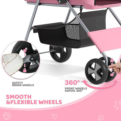 Magshion Foldable Pet Stroller, 3-in-1 Dog Travel Jogger with Detachable Carrier, Cup Holder, Storage Basket, Folding Carrier for Small/Medium Dogs &amp; Cats Up to 33 lbs, Pink