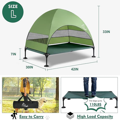 Upgraded Elevated Dog Bed with Canopy, Portable Raised Outdoor Dog Bed with Stable Anti-Slip Feet, Removable Wider Shade, Raised Dogs Cot for Large Pets Camping, Indoor &amp; Outdoor Use