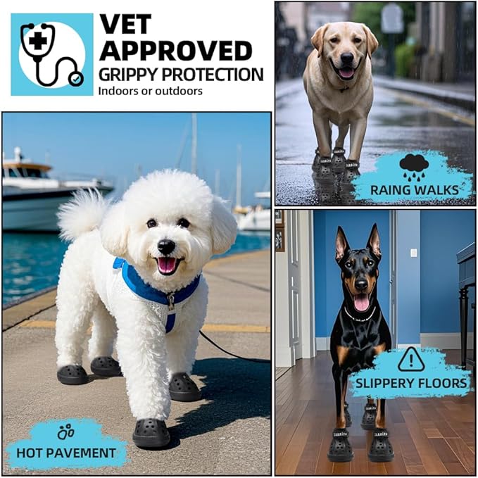 JZXOIVA Dog Shoes for Hot Pavement, Dog Booties for Medium Dogs, Breathable Dog Boots &amp; Paw Protectors, Adjustable Non-Slip Dog Rain Booties, Waterproof Pets Sandals for Beach Black Size 5