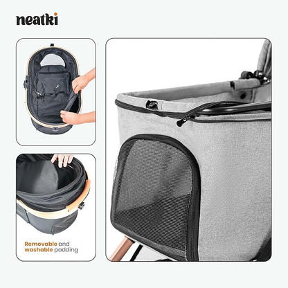 Foldable Pet Stroller for Dogs and Cats, 33 lbs Capacity, 360° Swivel Front Wheels, One-Click Fold, Brake System, Leash &amp; Lock Clips, Removable Washable Padding, and Cup Holder (Gray, 33 lbs)