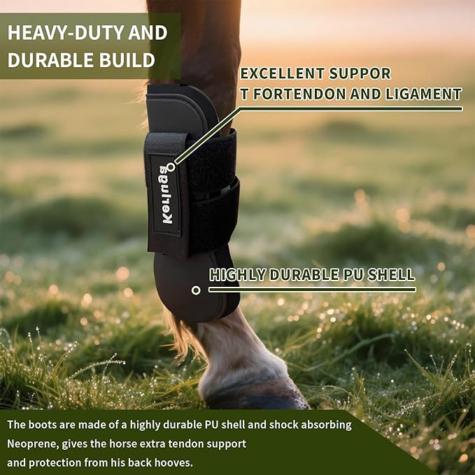 Horse Boots Set of 4 Open Front &amp; Fetlock Tendon Boot for Horses Professional Sport Protection Impact-Absorbing Equine Leg Support Wraps for Jumping, Riding, Training (Black, Full)