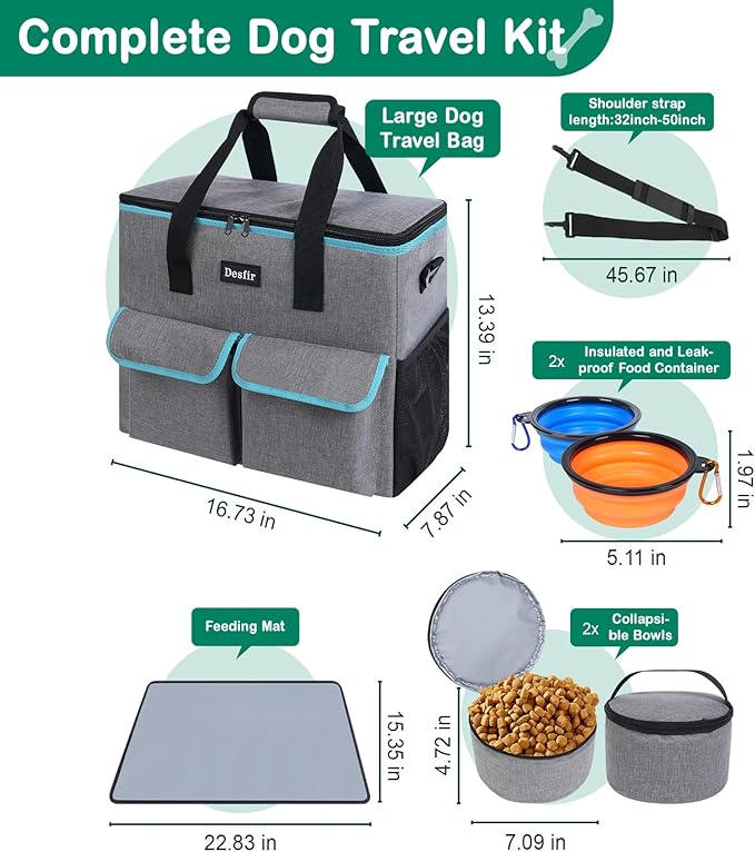 Large Pet Travel Bag Organizer - Dog &amp; Cat Tote with Food Containers, Bowls, Feeding Mat, Perfect for Camping, Hiking (Multi-Pocket Design)
