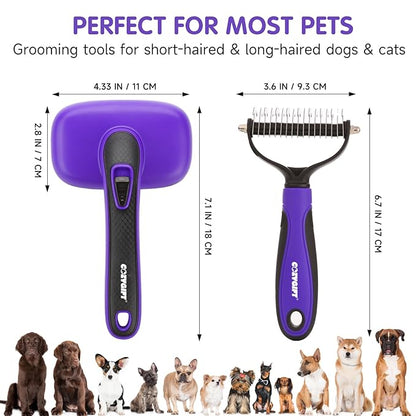 Dog Brush Kit – 3 PCS Grooming Set with Self-Cleaning Brush, Undercoat Rake &amp; Pet Bath Brush. Great for Shedding, Tangles &amp; Dirt Removal – Ideal for Long &amp; Short Haired Dogs &amp; Cats, Purple