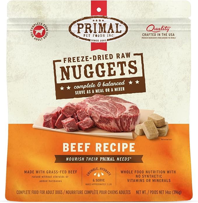Primal Freeze Dried Raw Dog Food Nuggets, Beef, Complete &amp; Balanced Meal, Also Use as Topper or Treat, Premium, Healthy, Grain Free, High Protein Raw Dog Food, 14 oz
