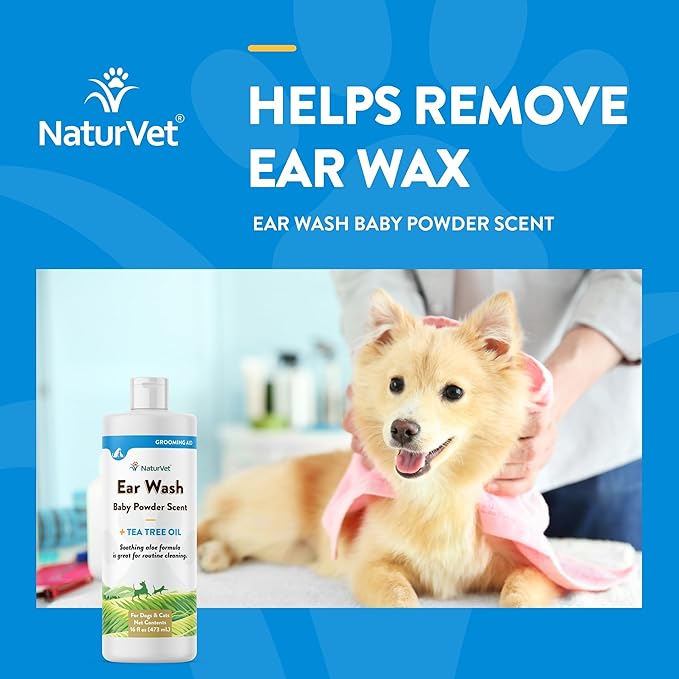 NaturVet Ear Wash Liquid Supplement for Dogs &amp; Cats – Pet Health Supplement Cleans Dog, Cat Ear Canals – Includes Aloe, Tea Tree Oil – Helps Remove Pet Ear Wax, Dirt, Debris – 16 Oz.